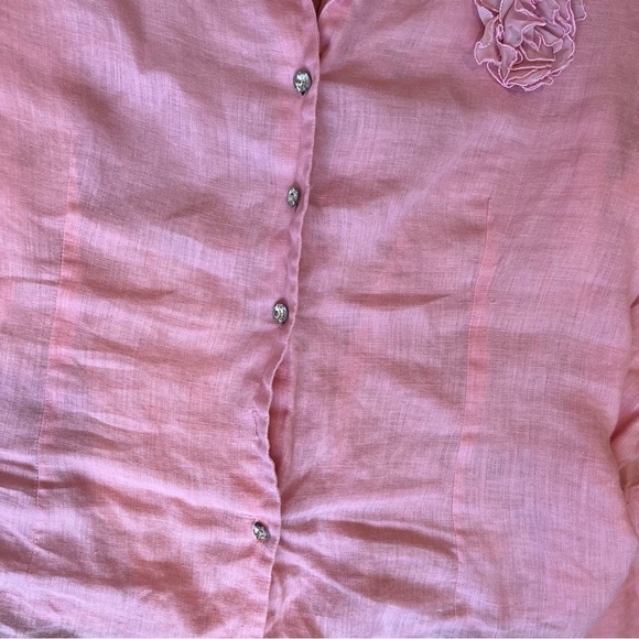 Pure linen pink blouse rhinestone buttons Floral Rose Detail size large - Picture 7 of 10